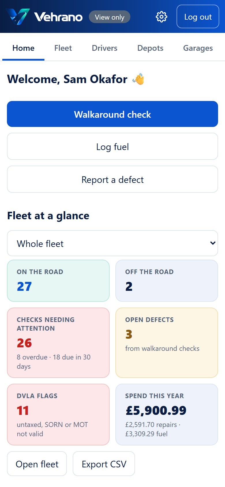 The home screen on a phone, for a driver
